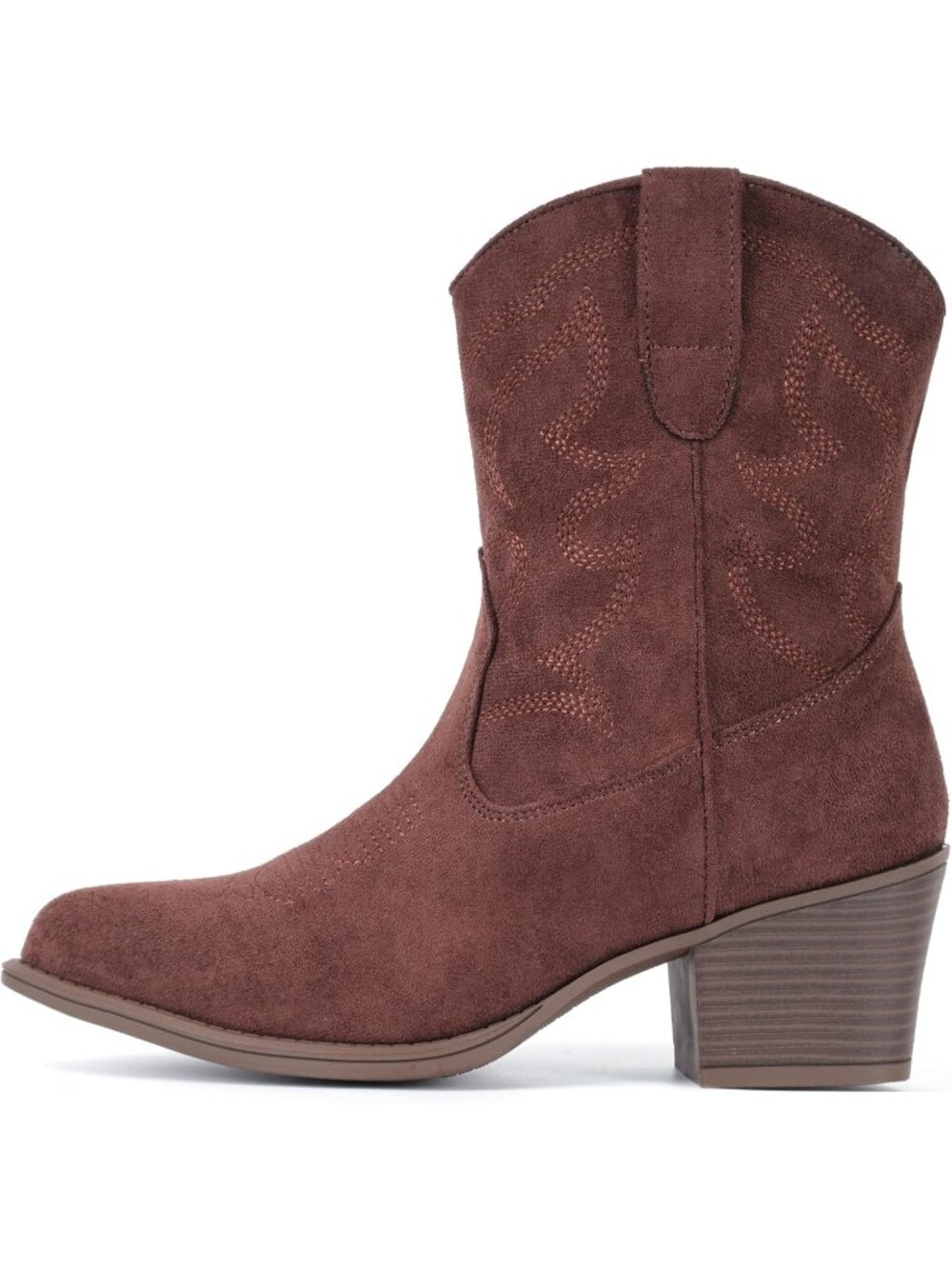 Women's Suede Ankle Western Cowgirl Coffee Mid Calf Pointed Toe Short Booties - Picture 3 of 5